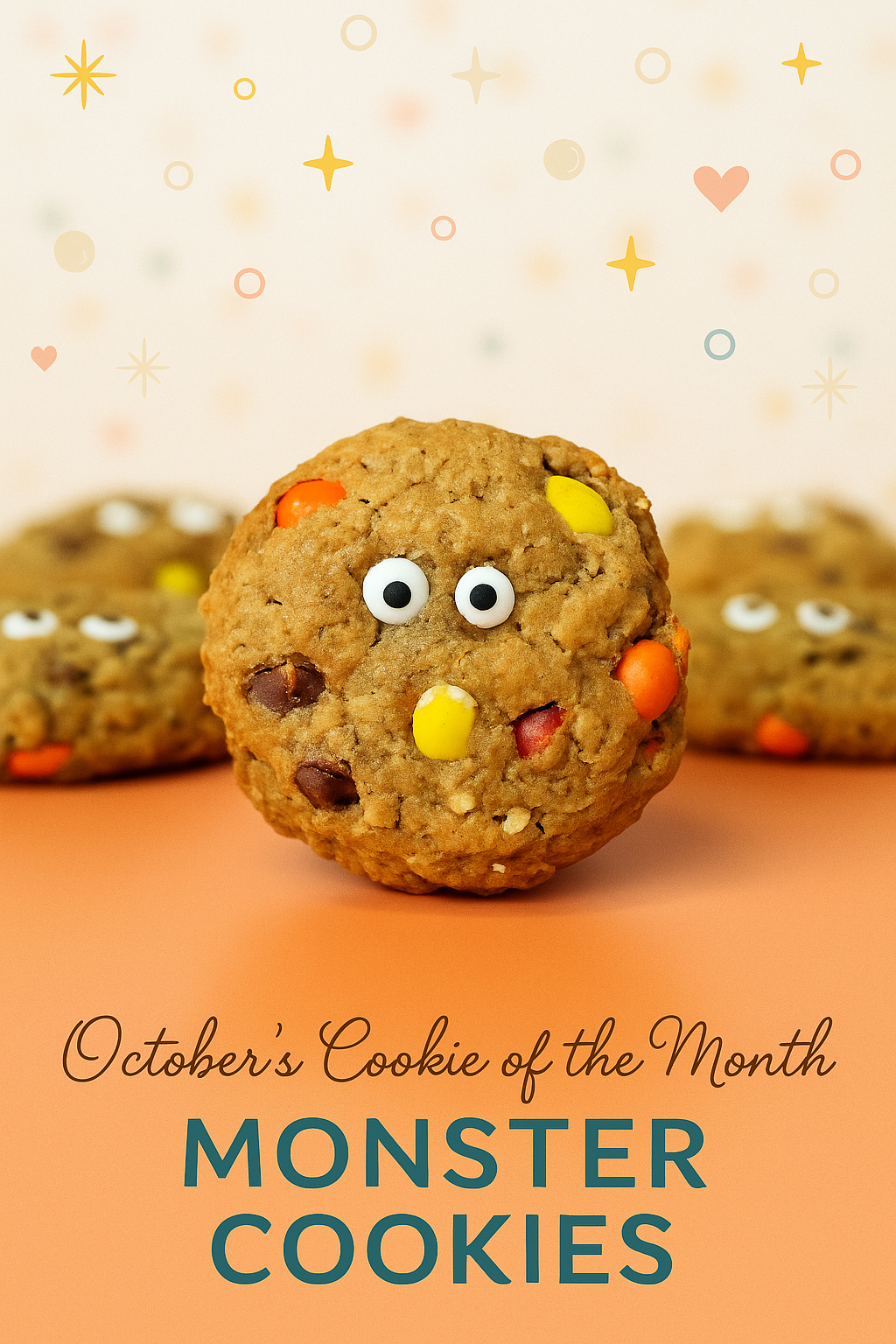 Close-up of October Cookie of the Month — monster cookies with oatmeal, chocolate chips, peanut butter, and candy eyes on top for a playful Halloween twist.