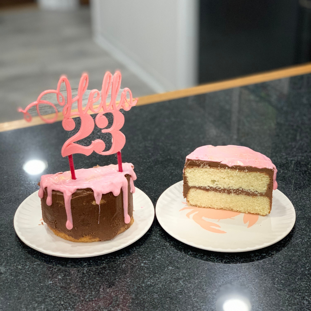 Chocolate and pink White Velvet cake with “Hello 23” topper and a slice on a plate beside it.