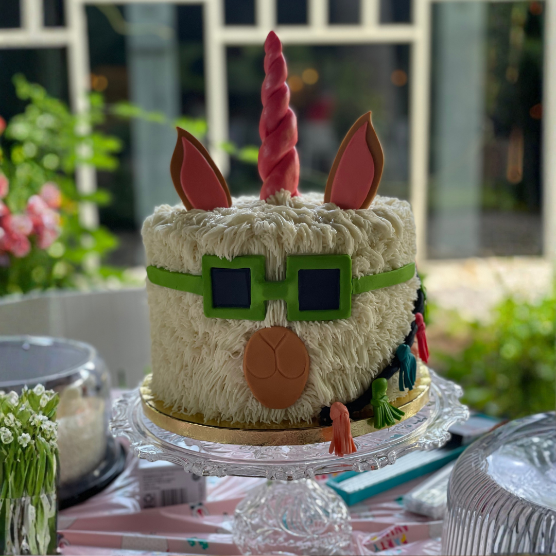 Llama-Unicorn Cake with Handmade Candy horn, ears, and tassels.